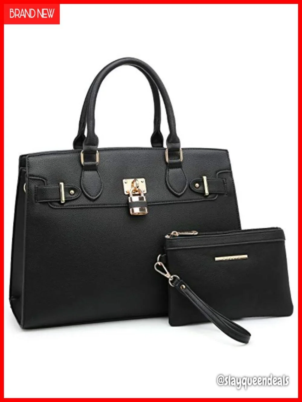 Vegan Leather Satchel Tote with Matching Clutch, Gold Hardware, Work Bag